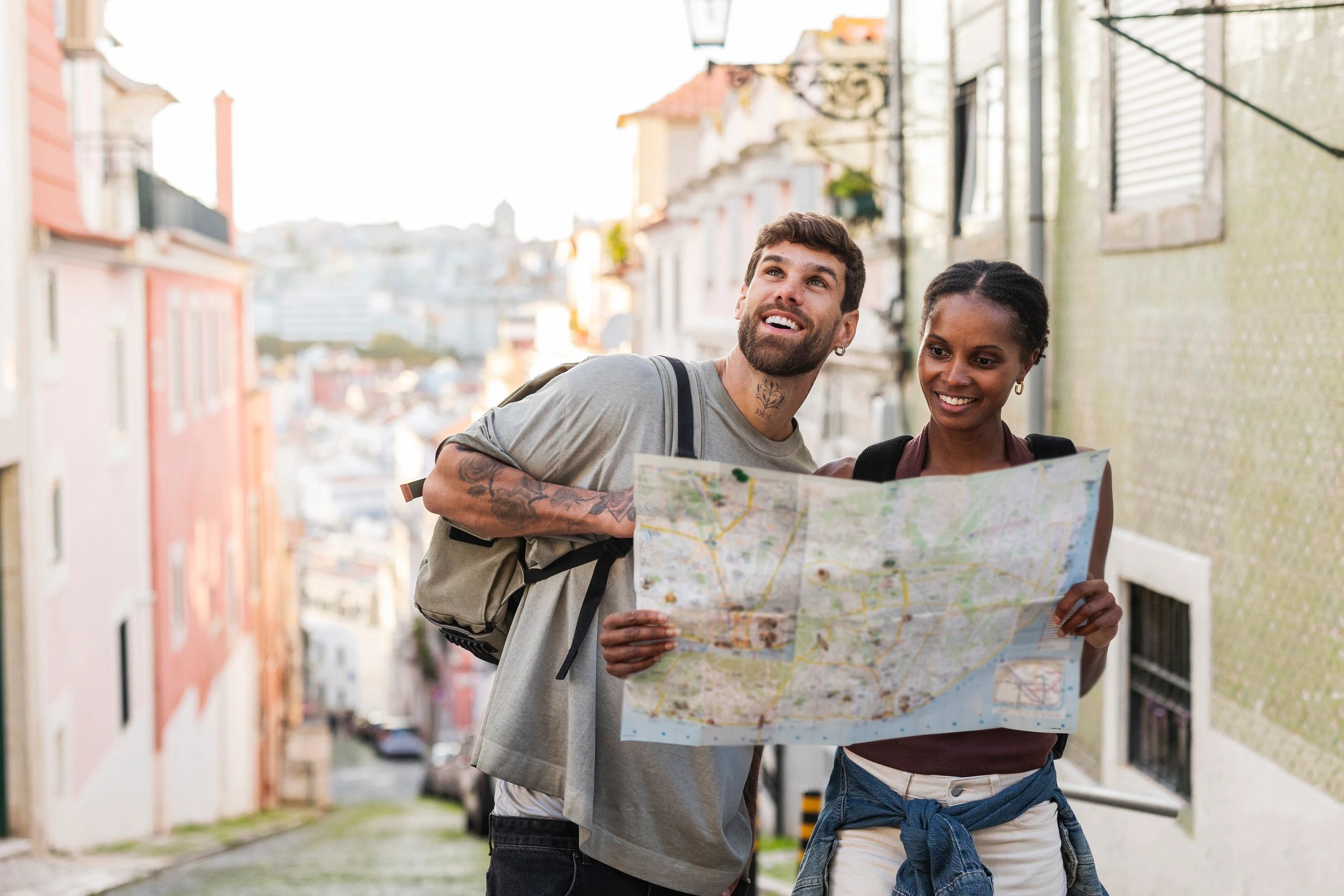 Traveling couple enjoying city sights